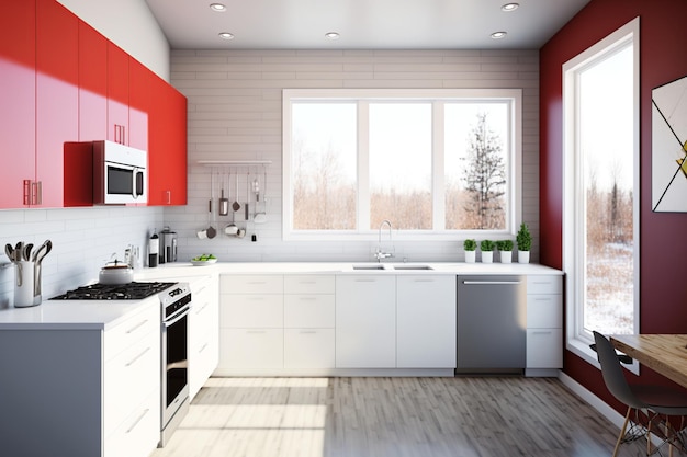 A kitchen with red cabinets and a white stove with a microwave on the top.