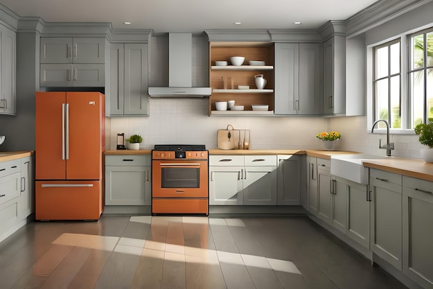 a kitchen with a red refrigerator and a wooden floor.