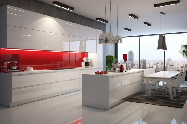 A kitchen with a red wall and white cabinets