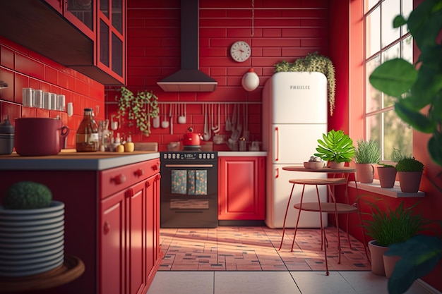 A kitchen with red walls and a white refrigerator with the word piri on the front.