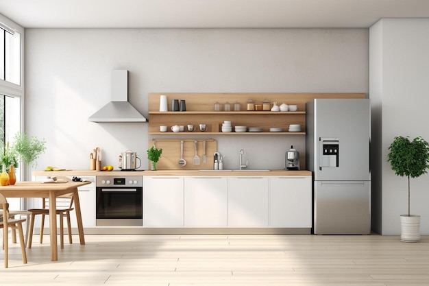 a kitchen with a refrigerator, stove, and a table with a pot on it.