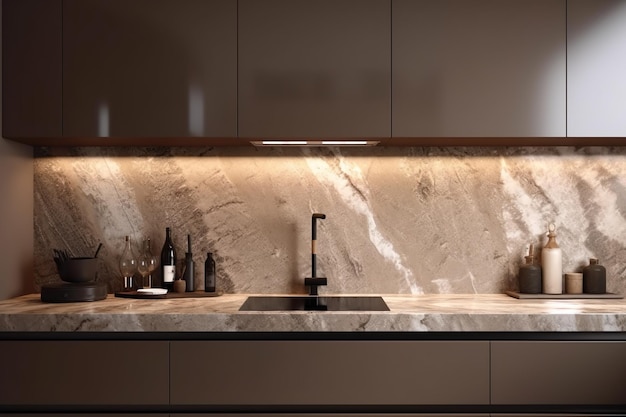 A kitchen with a sink and a bottle of wine on the counter.