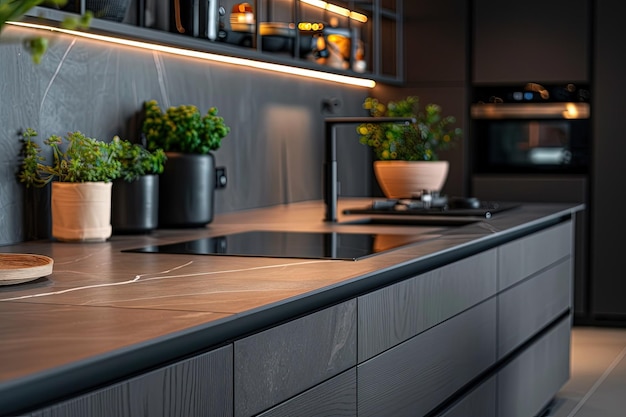 A kitchen with a sink and a counter top