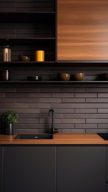 a kitchen with a sink and a faucet