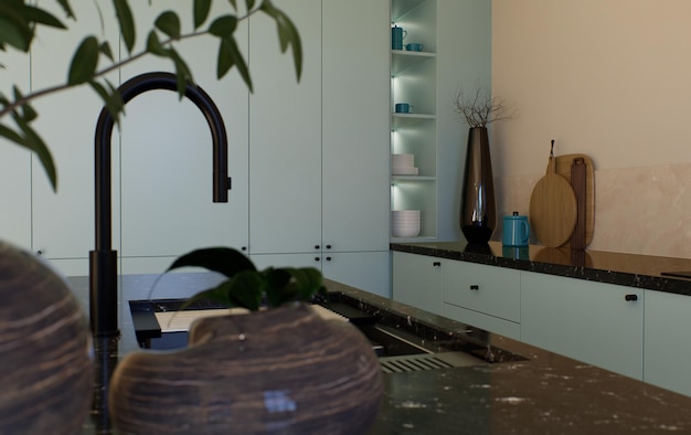 A kitchen with a sink and a vase with a plant on it