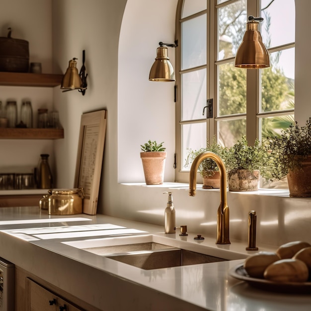 Una cucina con un lavello e una finestra con sopra una pianta