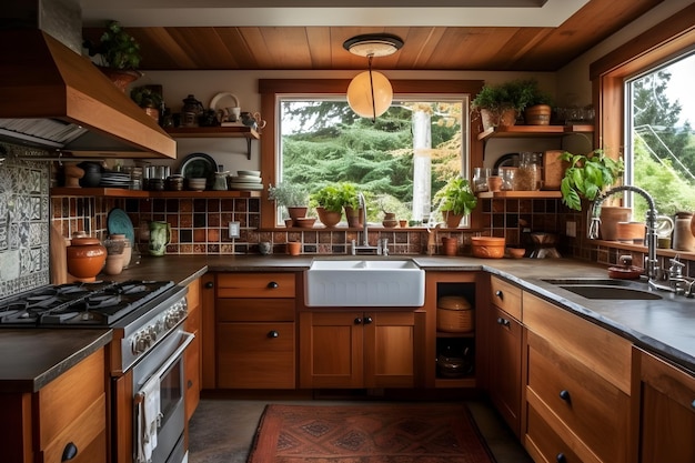 A kitchen with a sink and a window with plants on it