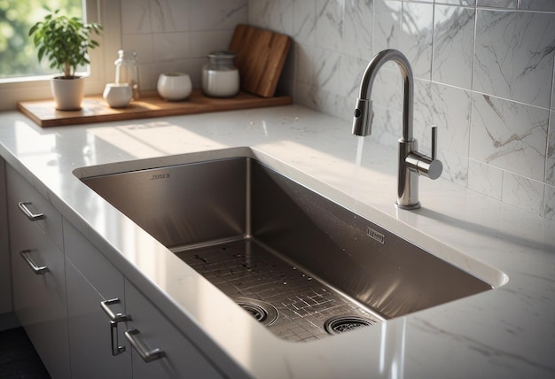 a kitchen with a sink and a window with sunlight coming through