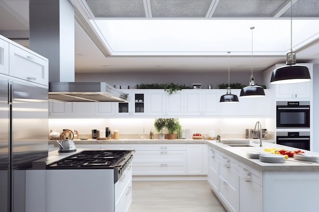 A kitchen with a skylight above it