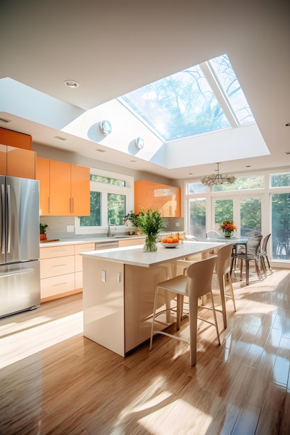 A kitchen with a skylight and a large skylight