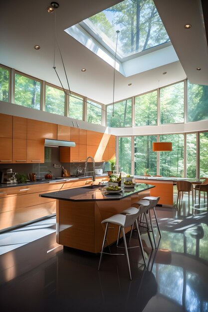 Photo a kitchen with a skylight and a large window