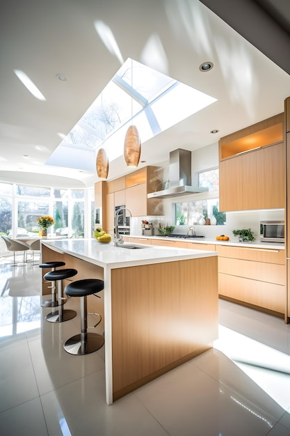 Photo a kitchen with a skylight and a large window