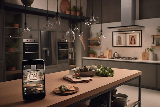 A kitchen with a smart oven and a display of food on the counter.