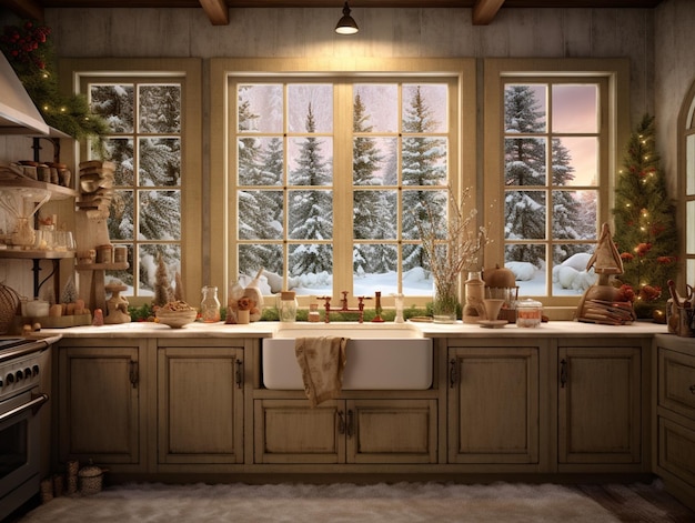 A kitchen with a snowy scene and a sink with a window behind it.