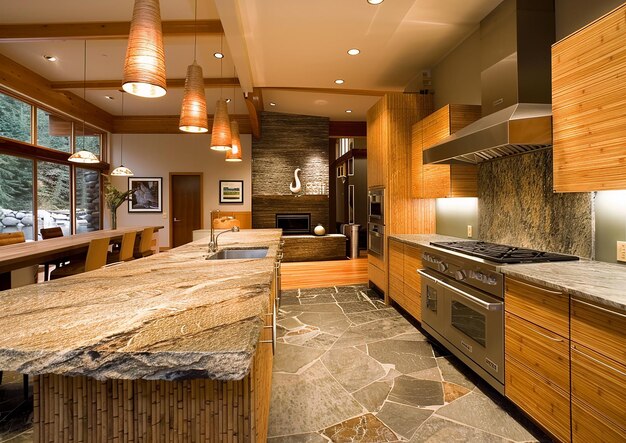 a kitchen with a stone fireplace and a stone fireplace