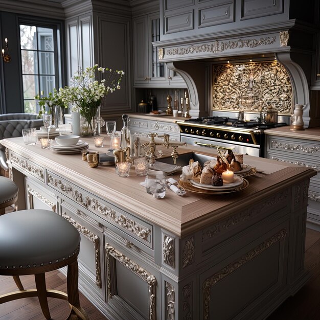 a kitchen with a stove and a fireplace with a fire place in the middle