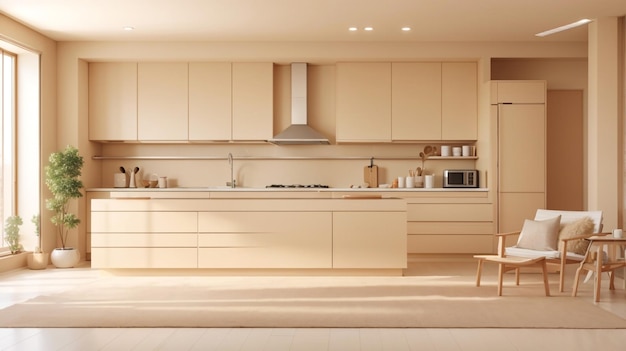 a kitchen with a stove oven and cabinets with a table in the middle