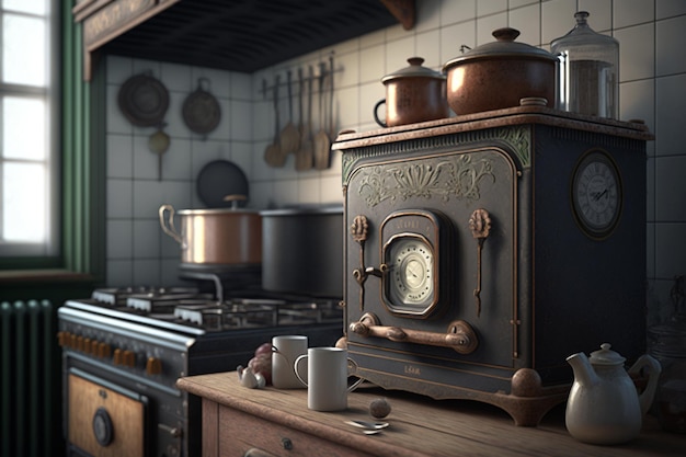 A kitchen with a stove and a pot on the counter