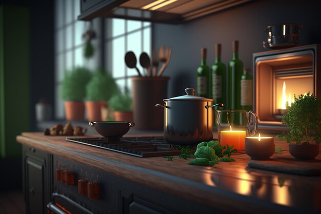 A kitchen with a stove and pots on the counter