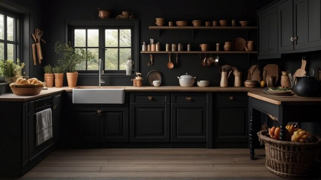 Foto una cucina con una stufa, pentole e padelle sullo scaffale