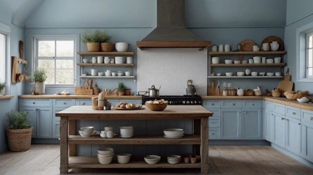 a kitchen with a stove pots pans and pots on a shelf