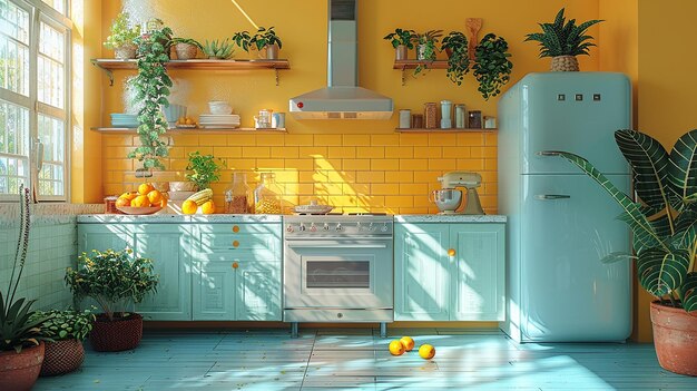 Photo a kitchen with a stove a refrigerator and a bunch of lemons on the counter