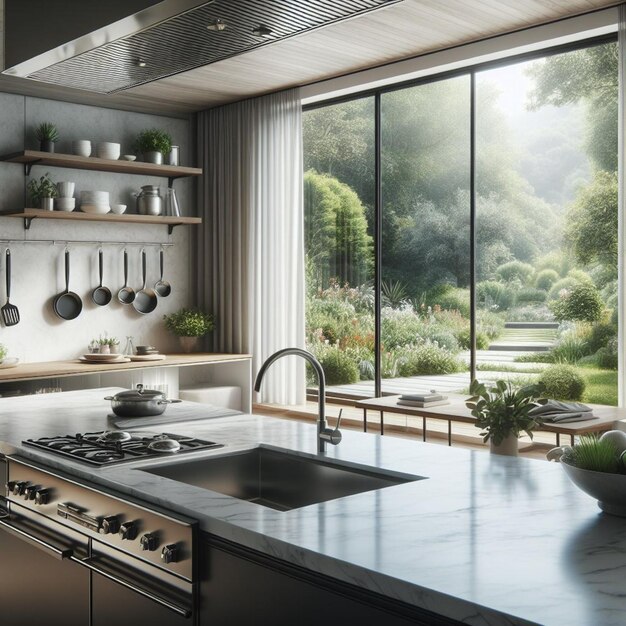 a kitchen with a stove sink and potted plants on the shelves