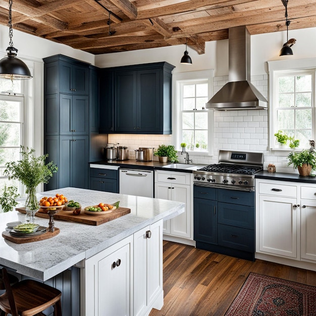 a kitchen with a stove sink and a table with vegetables on it