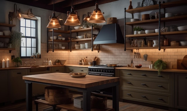 A kitchen with a stove and a stove in the middle