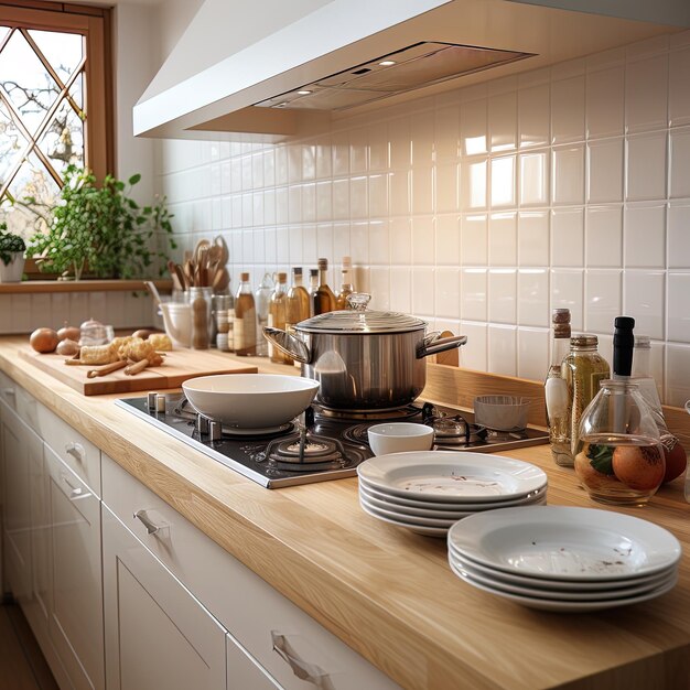 Photo a kitchen with a stove stove and a pot of wine on the counter