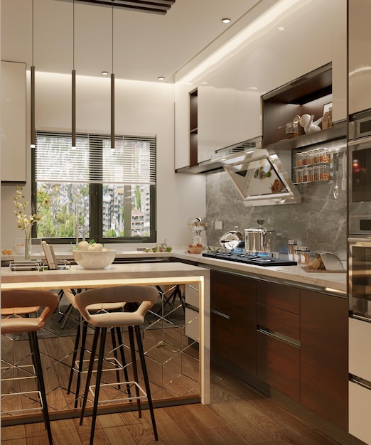 A kitchen with a stove, a stove, and a window with the blinds down.