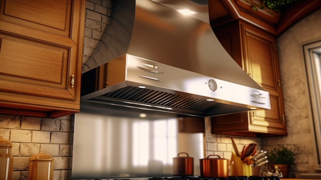 A kitchen with a stove and a stove with a large vent above it