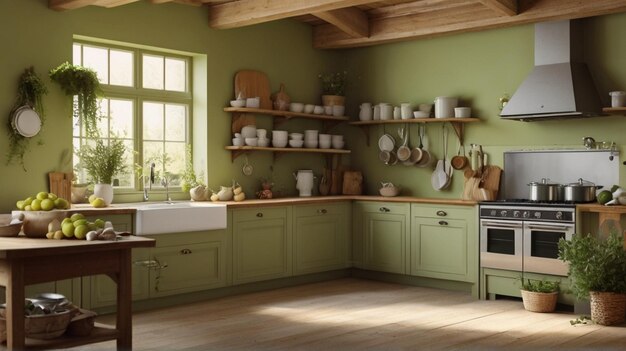 a kitchen with a stove and a stove with the word  kitchen  on the wall