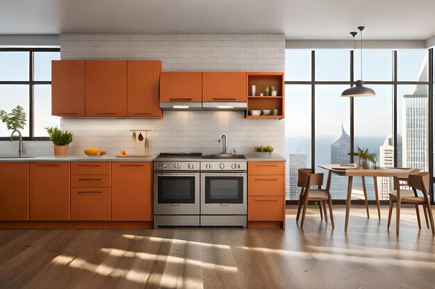 a kitchen with a stove and a window overlooking a city