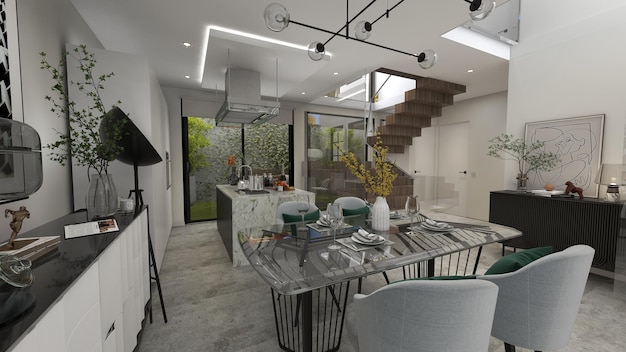 A kitchen with a table and chairs and a fireplace