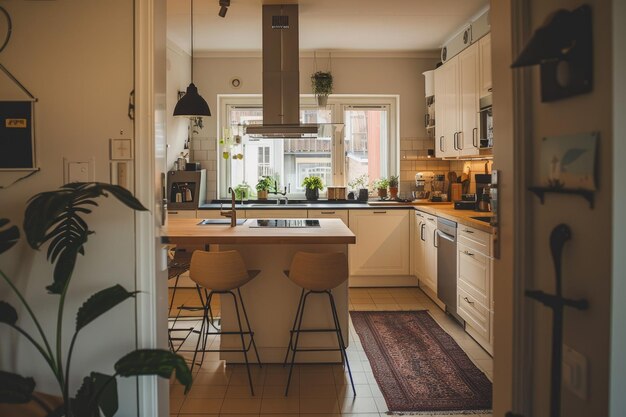 A kitchen with a table and chairs in it