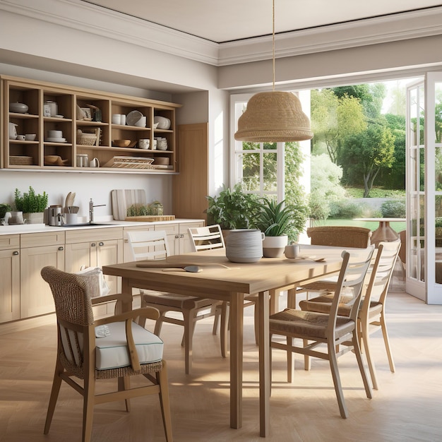 A kitchen with a table and chairs and a lamp on the wall