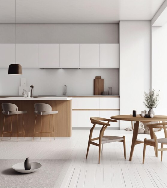 A kitchen with a table and chairs and a lamp on the wall