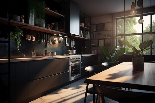 A kitchen with a table and chairs and a large window with a view of the trees.