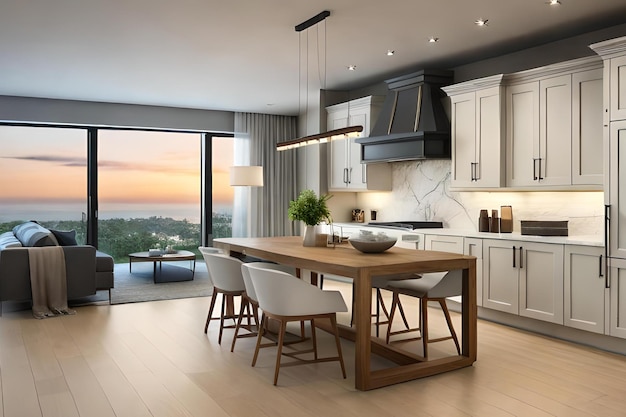 A kitchen with a table and chairs and a large window