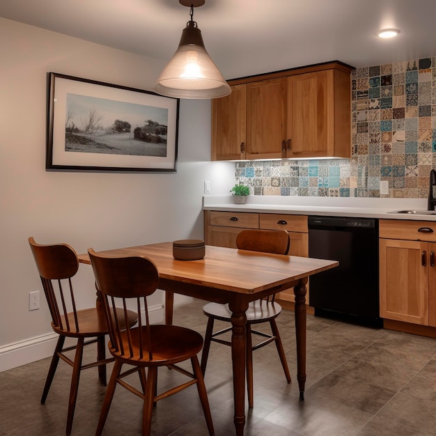 A kitchen with a table and chairs and a picture of a house.