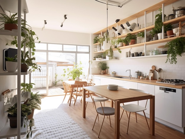 A kitchen with a table and chairs and a plant on the wall