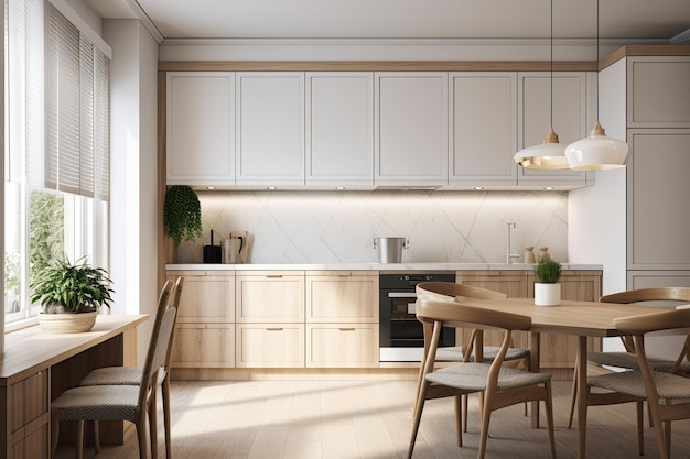 A kitchen with a table and chairs and a potted plant