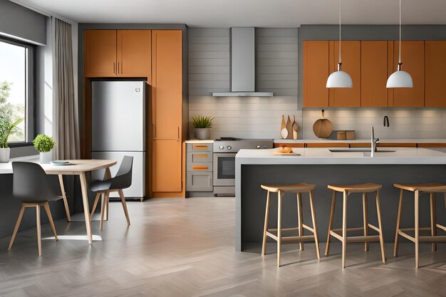 Photo a kitchen with a table and chairs and a refrigerator with a light hanging from the ceiling.