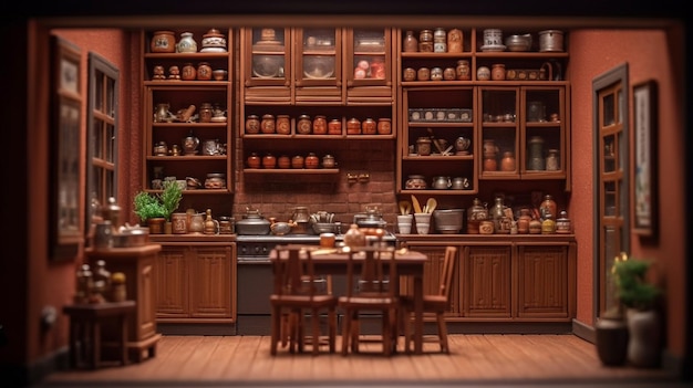 A kitchen with a table and chairs and shelves full of pots and pans.