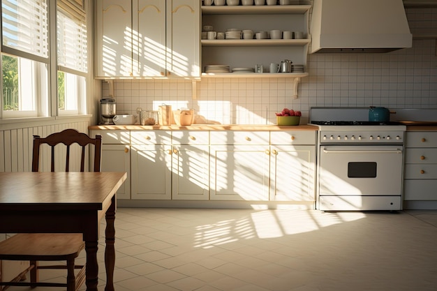 A kitchen with a table and chairs and a stove