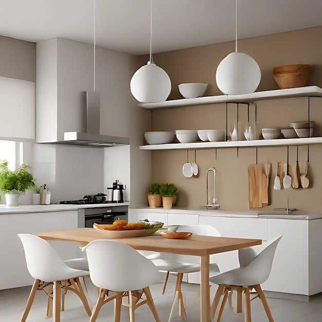 a kitchen with a table chairs and a table with bowls on it