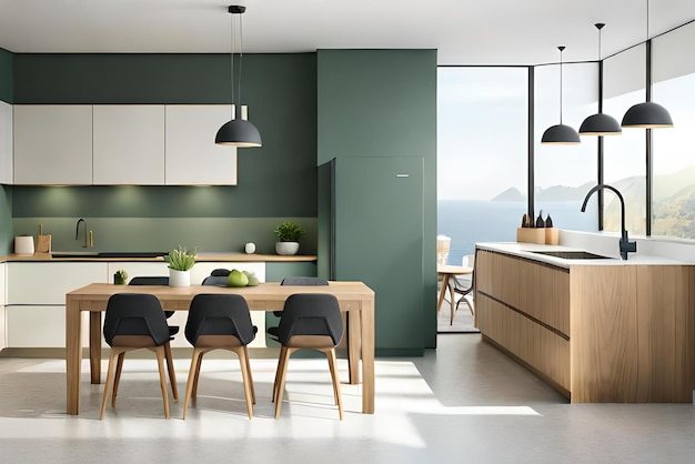 A kitchen with a table and chairs and a table with chairs and a view of the ocean.