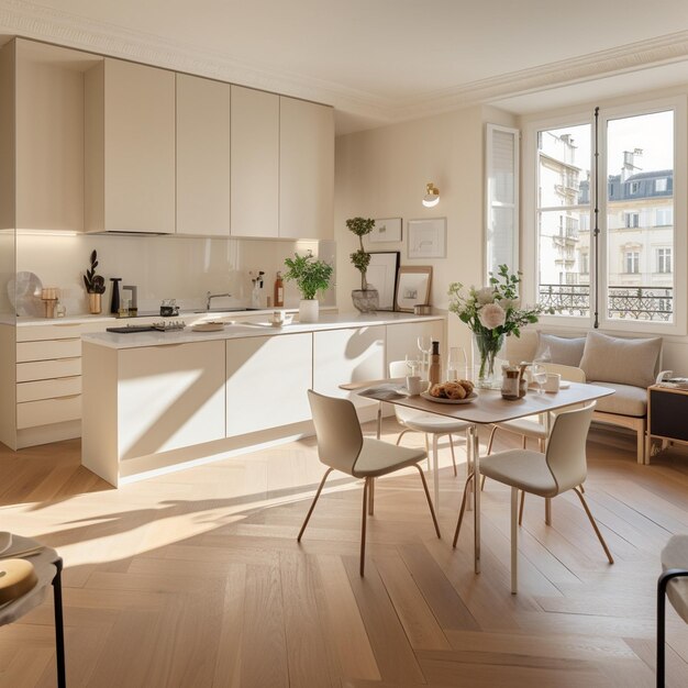 a kitchen with a table, chairs, and a table with flowers on it.