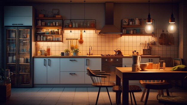 A kitchen with a table and chairs and a table with a lamp that says'kitchen '